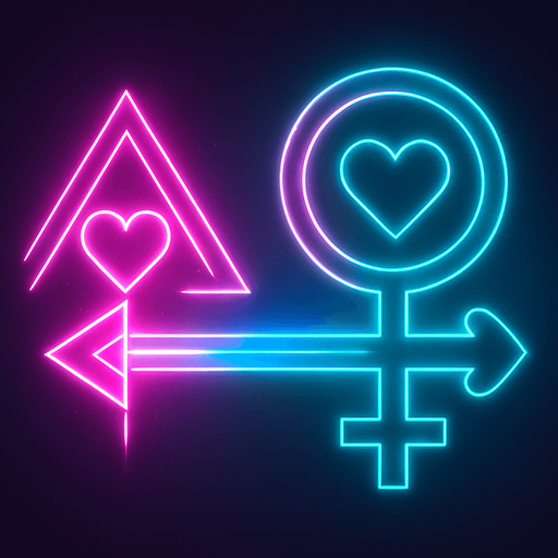 Neon cyberpunk arrow glowing hologram heart eye triangle sigil, symbol of Venus female sign with heart motif tip, magic love arrow pink cyan laser linework