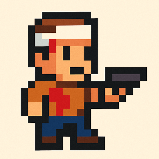 16x16 pixel wounded guy holding pistol.
In-Game asset.  2d.  High contrast.  No shadows. pixel art. retro arcade game