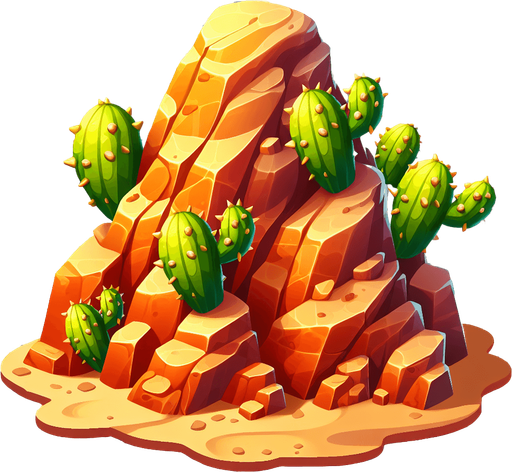 Create a desert rock. The goal is to capture a lively and playful location..
Single Game Texture. In-Game asset. 2d. Blank background. High contrast. No shadows.