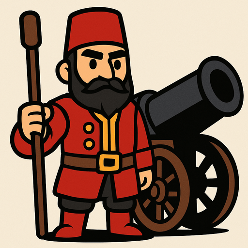 Animasyon çizgi dizi tarzında osmanlı topçusu ekle bu askerin yanında savaş topuda olsun.
In-Game asset.  2d.  High contrast.  No shadows
