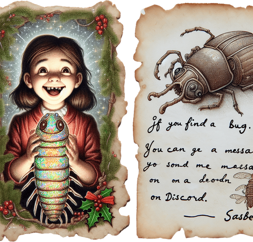 a pergament of a happy girl. she got a big fat slimy bug as chrismas present. There is the text: "If you find a bug, you cam write me a message on Discord FRVR. - Sasbe"