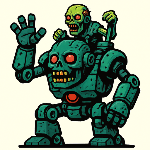 Un zombie robot gigante controlado por otro zombie.
In-Game asset.  2d.  High contrast.  No shadows