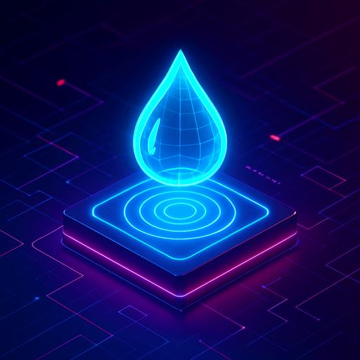 Top down isometric neon cyberpunk 3d glowing water drop hologram projection
