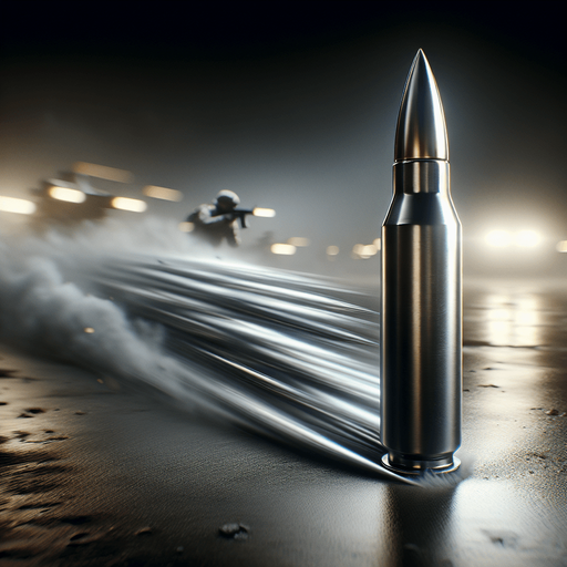 A high-speed enemy bullet in mid-flight, with a sleek, metallic surface reflecting light. The bullet is slightly blurred, showing its incredible speed and motion, cutting through the air. The background shows a dark, intense battlefield, with flashes of gunfire and smoke in the distance. The bullet leaves behind a small trail of air distortion or vapor, emphasizing its rapid movement. It has a sharp, pointed tip and appears to be shot from a modern military rifle, with its design sleek and aerodynamic..
Single Game Texture. In-Game asset. 2d. Blank background. High contrast. No shadows.