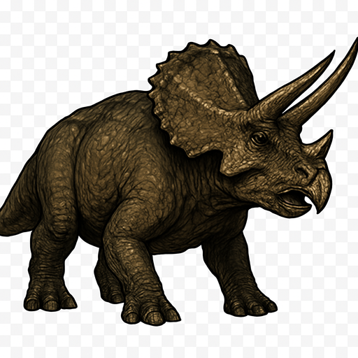 A large Triceratops dinosaur depicted in a neutral standing pose on a transparent background. It has a bulky, muscular body covered in rough, textured scaly skin with shades of dark brown and olive green. Its massive head features a large bony frill with small bumps and three prominent horns—two long ones above the eyes and a shorter one on the nose. The beak-like mouth is slightly open, and the eyes are calm but alert. The thick legs end in hoof-like claws, and the tail is short and heavy. The skin shows detailed scales, folds, and scars, giving it a lifelike, ancient appearance..
In-Game asset.  2d.  High contrast.  No shadows