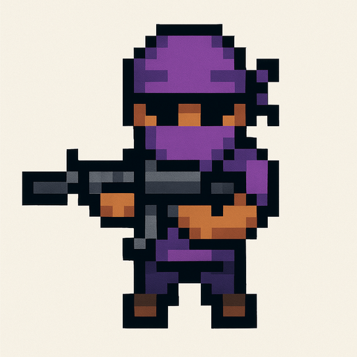 pandillero de morado hecho con pixeles. con perspectiva desde arriba visto de frente apuntando con un m4
In-Game asset.  2d.  High contrast.  No shadows