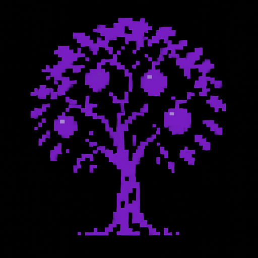 obscurity black purple 8 bits and a fruit tree.
In-Game asset.  2d.  High contrast.  No shadows