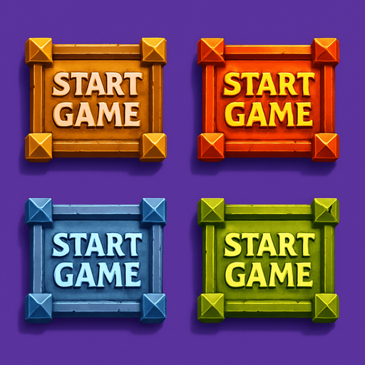 Medieval "start game" buttons. HD colors. 
In-Game asset.  High contrast.  No shadows. 3D