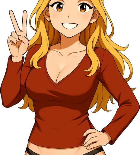 Show her from a little further away and make a victory sign with her hand and smiley face