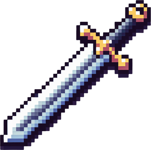 Espada pixelado.
Single Game Texture.  In-Game asset.  2d.  Blank background.  High contrast.  No shadows
