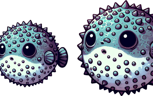 Две версии одной рыбы фугу маленькая и надутая 
Анимация.
Single Game Texture. In-Game asset. 2d. Blank background. High contrast. No shadows.