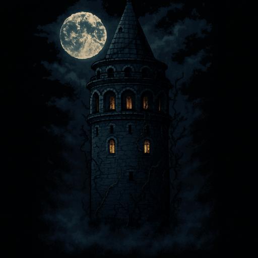 Create a pixel-art environment asset of the Galata Tower at night, in a dark and eerie style suitable for a 2D horror survival game. The tower should be tall and imposing with its recognizable cylindrical stone structure and conical roof. Add cracks, overgrown vines, and dim glowing windows to give it a haunted, ancient look. A full moon and cloudy night sky in the background. Mist or fog at the base. The overall atmosphere should feel ominous and mysterious. PNG format with transparent background..
In-Game asset.  2d.  High contrast.  No shadows
