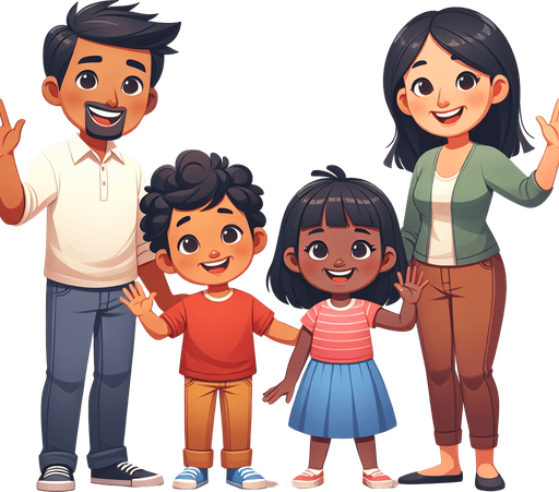 A smiling family waving..
Single Game Texture. In-Game asset. 2d. Blank background. High contrast. No shadows.