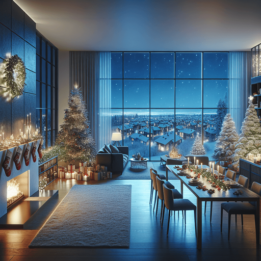Photorealistic Apartment inside at night with Christmas decorations and huge large window