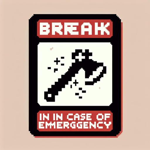 Break in case of emergency square. Ax drawing inside. simple. 8-bit. cartoon. blackand white..
Single Game Texture. In-Game asset. 2d. Blank background. High contrast. No shadows.