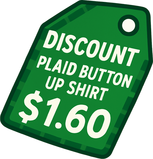 green price tag that says discount plaid button up shirt $1.60.
In-Game asset.  2d.  High contrast.  No shadows