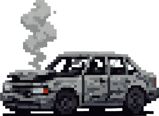 A wrecked grey car with broken windows and smoke coming from the hood but pixel art style . No background. Transparent background. Blank background. No shadows. 2d. In-Game asset. flat