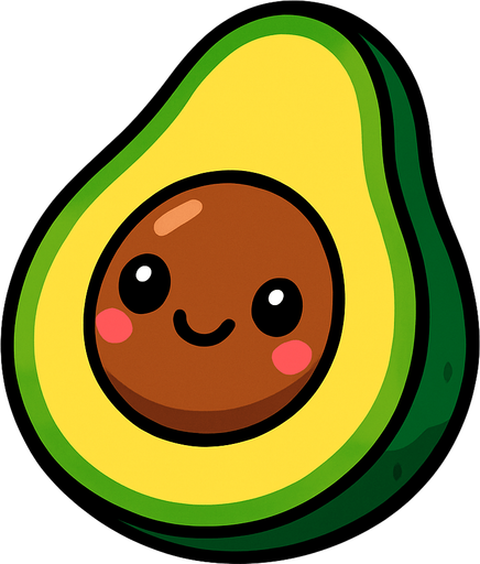A cut in half avocado with cute face.
In-Game asset.  2d.  High contrast.  No shadows