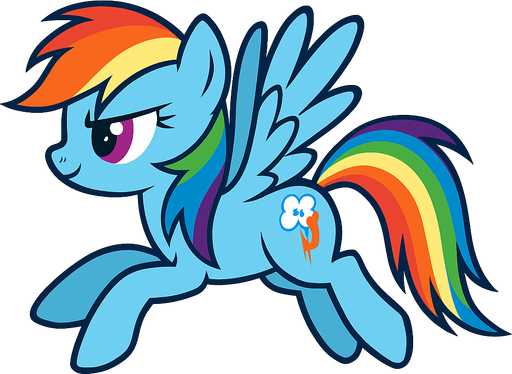 Rainbow Dash, flight position, 2D, side view.
In-Game asset.  2d.  High contrast.  No shadows