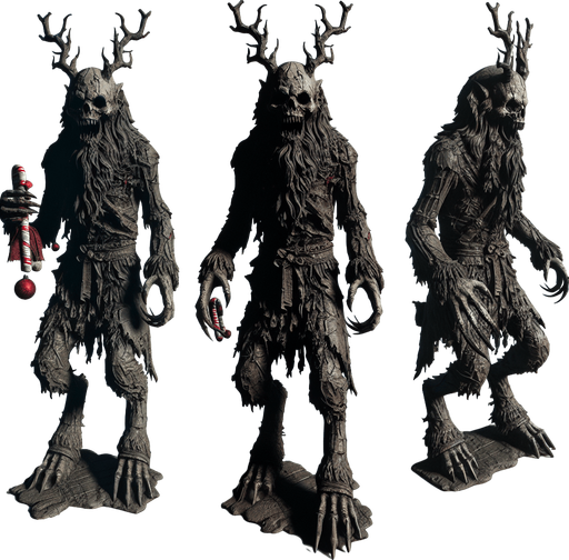 Eerie Christmas-inspired krampus statuette similar to a resident evil asset
Single Game Texture. In-Game asset. 2d. Blank background. High contrast. No shadows.