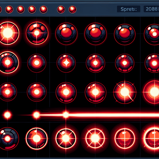 A sprite sheet of glowing red orbs for charging a laser.
Single Game Texture. In-Game asset. 2d. Blank background. High contrast. No shadows.