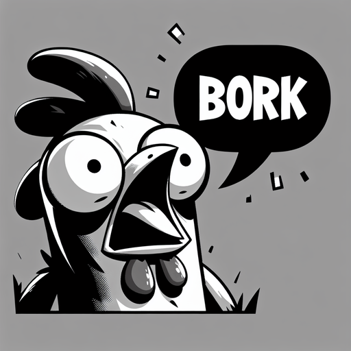 Cartoon Chicken Shouting. Speech bubble with text "Bork"
Single Game Texture.  In-Game asset.  2d.  Blank background.  High contrast.  No shadows