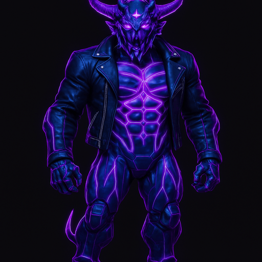 Black leather biker jacket longsleeves bare segmented neon cyberpunk pecs abs muscles robot monster hunk Neon cyberpunk 3d hologram corporate occult demon android mecha robot sentinel guard soldier machine monster fully in frame no part cut off no background anime futuristic Background removed, "Full-body character, entirely in frame, no cropping of face, head, or feet" "Complete character visible, from head to toe, fully centered in the image" "Entire character, including face and boots, fully within the frame" Character fully contained within a square frame, no edges cut off  horns through boots