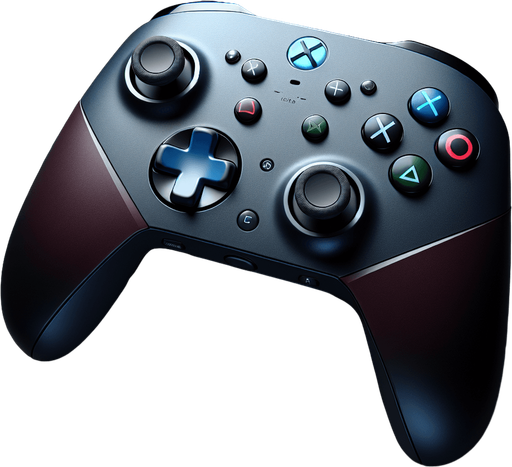 A sleek game controller inspired by a PlayStation design, viewed from a front perspective. On the left side, there is a cluster of four directional arrow buttons arranged in a cross pattern. On the right side, four distinct circular buttons are arranged in a diamond shape, each with a unique symbol: a blue button with a simple 'X', a red button with a 'O', a green button with a triangle, and a pink button with a square. The controller itself is ergonomic, with a clean and modern design, featuring a matte black surface and subtle accents for a polished and professional gaming aesthetic..
Single Game Texture. In-Game asset. 2d. Blank background. High contrast. No shadows.