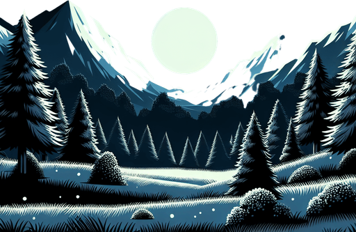 Mountain valley with snowy trees. Scenic view. Nighttime. Cartoon. Black background. New moon
Single Game Texture. In-Game asset. 2d. Blank background. High contrast. No shadows.