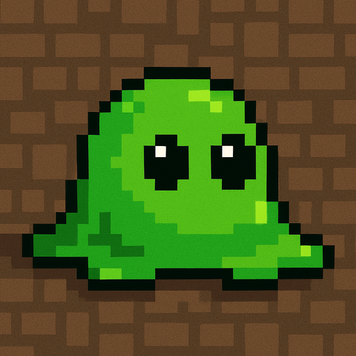 Slime verde, pixelart.
In-Game asset.  2d.  High contrast.  No shadows