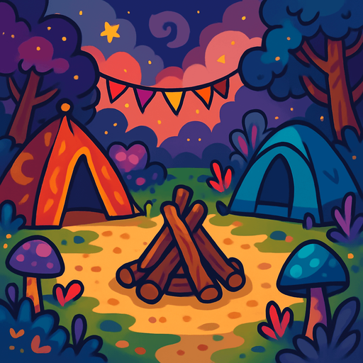 camp area. world imagination. magical. wood of fire but without fire on the middle of the screen.
In-Game asset.  2d.  High contrast.  No shadows