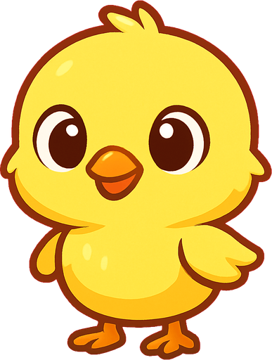 “A cute cartoon-style baby chick standing upright, designed as a game character. Big round eyes, small orange beak, fluffy yellow feathers, small wings, tiny feet. Bright and happy expression, simple colorful background, high-quality digital illustration, ideal for a mobile game character..
In-Game asset.  2d.  High contrast.  No shadows. cartoon style