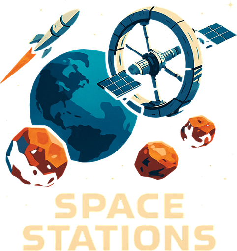 Uzay temalı global Cevher ticareti, uzay istasyonu, gerçekçi, Altında "Space Stations" yazsın.
In-Game asset.  High contrast.  No shadows