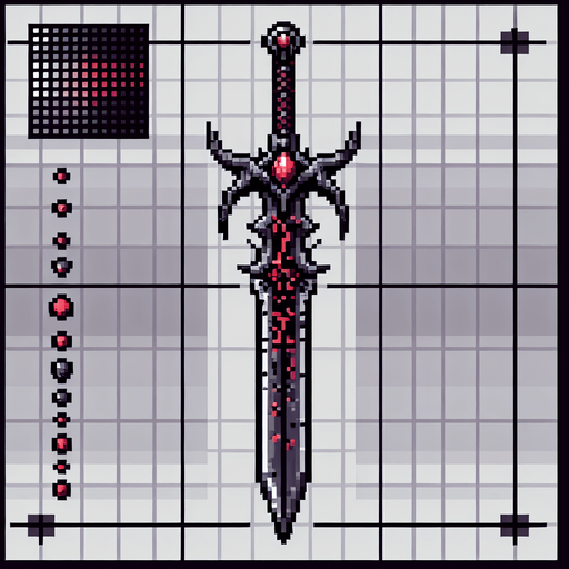 pixel art of an evil fantasy sword facing downward. Minor red details.
Single Game Texture. In-Game asset. 2d. Blank background. High contrast. No shadows.