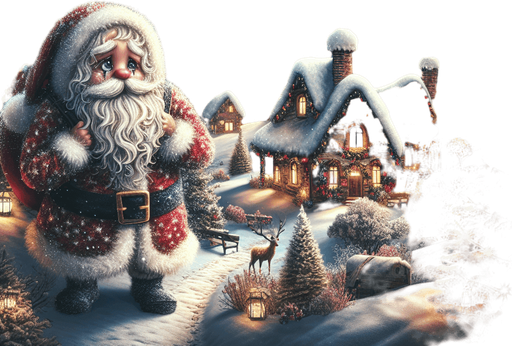 A sad landscape with santa's house, pines, snow, mountains in the back, at night. A cute sad santa crying with big tears in the front. clean feeric style. Background image. 2d. Blank background. Color. High contrast. No shadows.