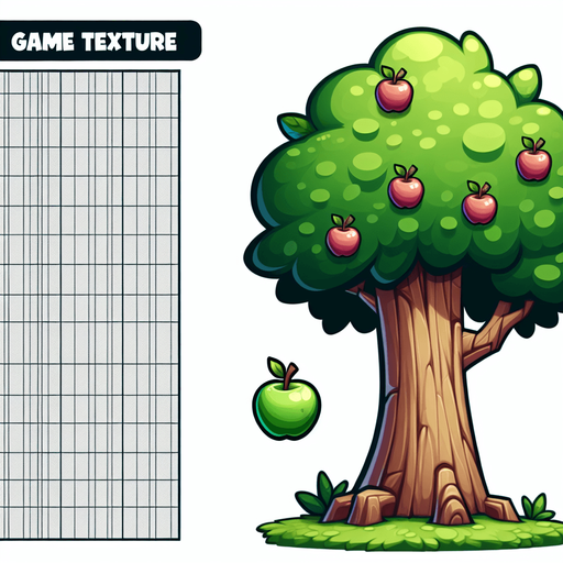 Apple tree with crown extending beyond the frame, tall trunk full height of the frame, cartoon style.
Single Game Texture. In-Game asset. 2d. Blank background. High contrast. No shadows.