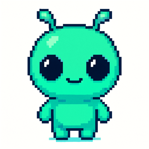 El alien debe ser un personaje pequeño y tierno, con piel verde o azul brillante, cabeza grande en forma ovalada, ojos negros y brillantes de estilo caricatura, y dos antenitas cortas que se muevan ligeramente; su cuerpo debe ser redondeado y compacto, con brazos y piernas cortas, dando una apariencia amigable y divertida; el diseño debe ser en estilo 2D o pixel art suave, con una animación sutil como parpadeo o balanceo, y fondo transparente para integrarse bien en un juego colorido y casual..
In-Game asset.  2d.  High contrast.  No shadows