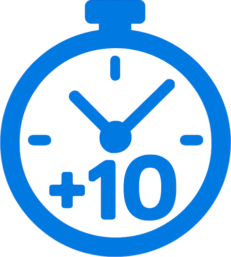 +10 inside of a clock icon.
In-Game asset.  2d.  High contrast.  No shadows