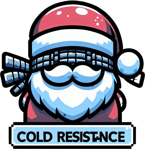 Icon for santas cold resistence, cartoon, with the text: „Cold Resistence“ at top Single Game Texture. In-Game asset. 2d. Blank background. High contrast. No shadows.
