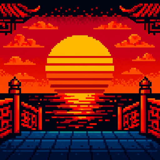 A chinese pixel background of an arcade game, sunset, retro style,.
In-Game asset.  2d.  High contrast.  No shadows