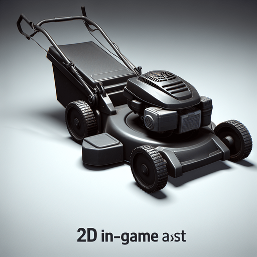 Black lawnmower.
Single Game Texture.  In-Game asset.  2d.  Blank background.  High contrast.  No shadows