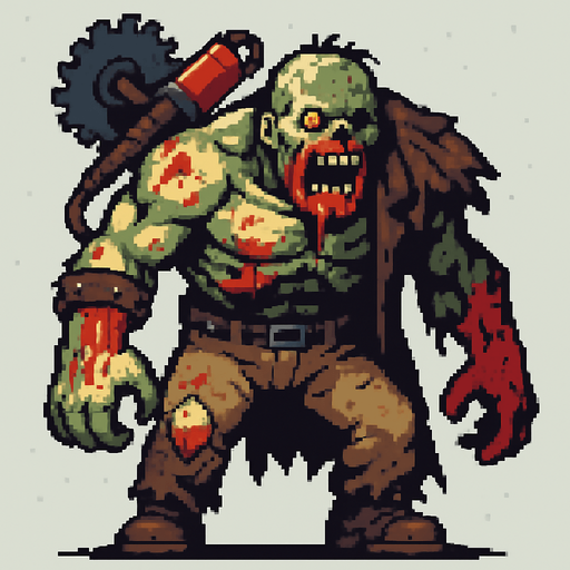 Post Apocalyptic boss zombie pixel art less pixel.
In-Game asset.  2d.  High contrast.  No shadows