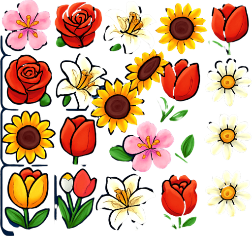 Blossom match with rose,lily,sunflower,tulips,and daisy. Vibrant..
In-Game asset.  2d.  High contrast.  No shadows