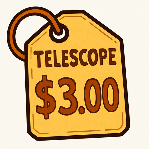 Price tag that says Telescope $3.00.
In-Game asset.  2d.  High contrast.  No shadows