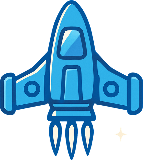 Mavi renkli 2D retro bir uzay gemisi.
In-Game asset.  2d.  High contrast.  No shadows