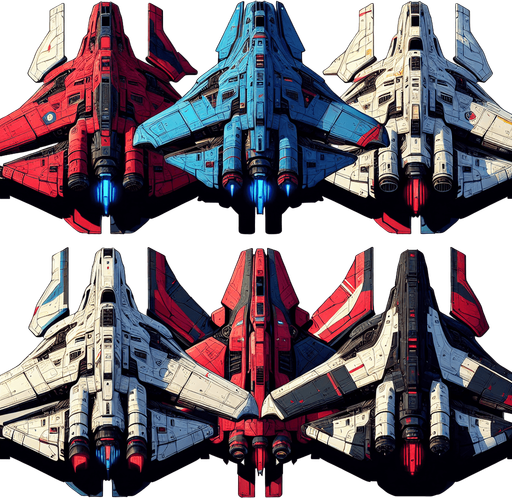 pack de starship, hero, nave espacial, de espalda, legendary galaxy starchip, colores vibrantes, colorida, colores rojo y balco, azul y blanco, negro y rojo, naves.
Single Game Texture. In-Game asset. 2d. Blank background. High contrast. No shadows.