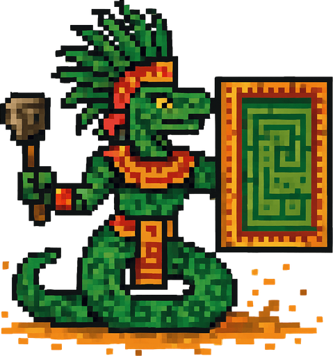 Generame un guerrero azteca con patrones, estilo pixelar, además será un animal Anaconda verde, con efectos de tierra, cargando un gran escudo o muro..
In-Game asset.  2d.  High contrast.  No shadows