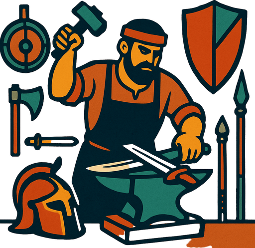 Demirci, Eski savaş malzemeleri üretiyor.
In-Game asset.  2d.  High contrast.  No shadows