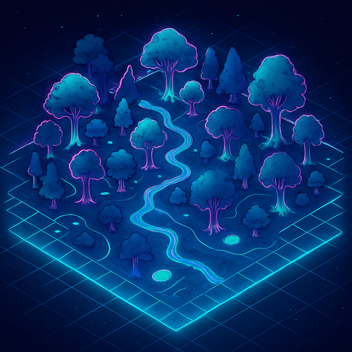 Top down isometric anime cyberpunk forest neon map grid hologram projection