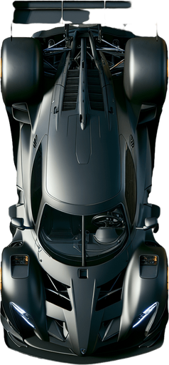 black color top down view racing car.
Single Game Texture.  In-Game asset.  2d.  Blank background.  High contrast.  No shadows